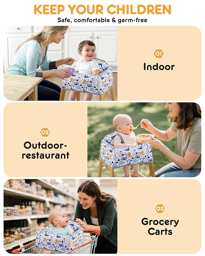 High Chair Cover Portable with 3-Point Harness, Waterproof Baby Seat Cover for Restaurant Travel Home Use, Machine Washable, Fits Wooden Chairs (Colorful Dinosaurs)
