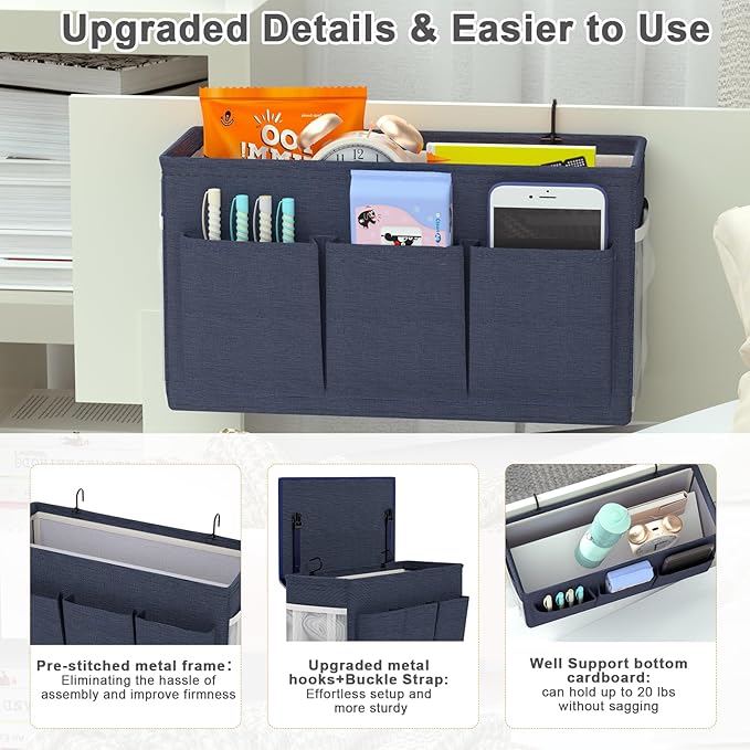Edudif Dual-purpose Bedside Caddy Bedside Organizer, Bed Caddy with 6 Pockets, Versatile Bedside Storage Solution Magazine Remotes holder, ideal for Home, Dorm, Hospital, Crib Bed (Navy 2pcs)