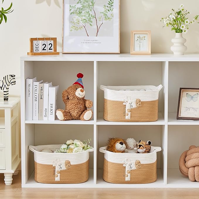 BUBUSUN Storage Bins Woven Baskets for Storage Set of 3, Cotton Rope Basket with Handles for Toys/Shelves/Laundry, Rectangle Multi-Purpose Organizer for Living Room, Bedroom, Nursery (Giraffe)