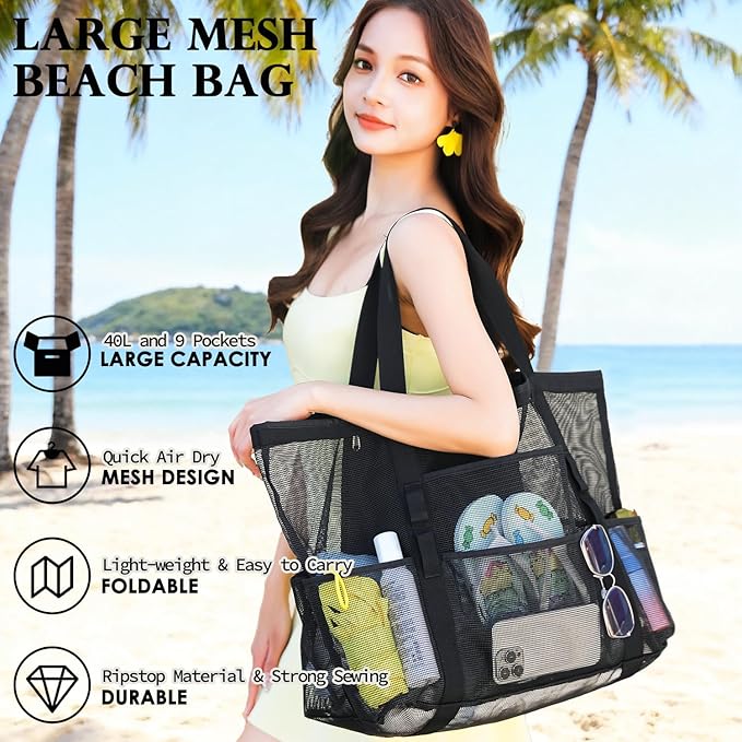 Mesh Beach Bag, Large Beach Tote with Zipper Pocket for Family Pool Bag for Toys & Vacation Essentials