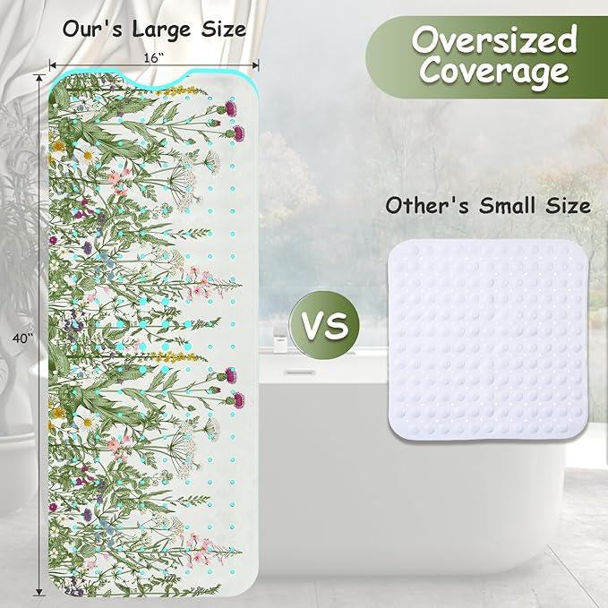 Non Slip Bathtub Mat, Flower Bath Mat for Tub, Extra Long Bathtub Mat Shower Mat with Suction Cups and Drain Holes for Elderly Kids Toddler Baby 40 X 16 Inch