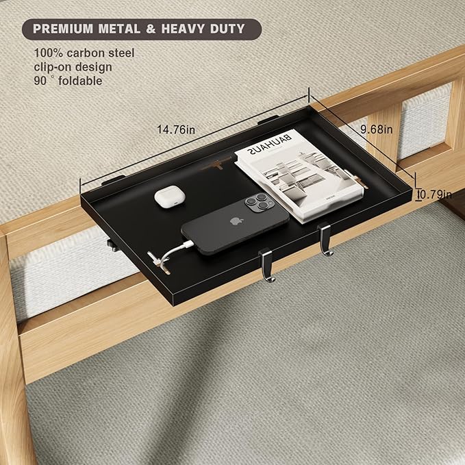 Magheo Foldable Bedside Shelf, Metal Clip-On Bunk Bed Table Shelf for Top Bunk Heavy Duty Bed Side Table Tray for College Dorm Room Essentials, Loft Nightstand Organizer Tray with 3 Cord Hole(Black)