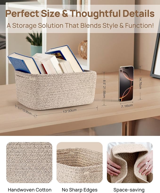 Feagar Storage Basket - Shelf Baskets for Organizing, Woven Cotton Rope Baskets for Gifts Empty with Handles, 13 x 8.7 x 5.1'' Small Toy Basket for Closet, Shelves, Bathroom, Home, 3 Packs Brown