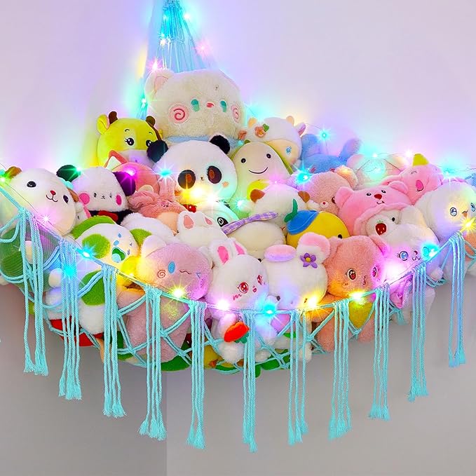 Basumee Stuffed Animals Net or Hammock with LED Light, Hanging Stuffed Animals Storage Toy Hammock Net Corner Wall Girls Room Decor Toy Storage Organizer, Light Aqua Green, XL
