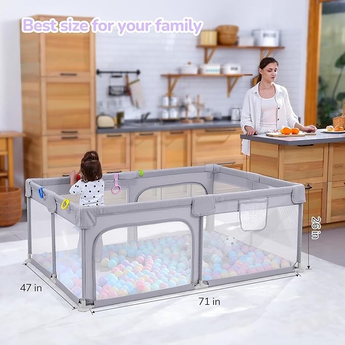 Dripex Large Baby Playpen 71×47 Inch, Big Play Pens for Babies and Toddlers- Indoor & Outdoor Kids Safe Play Area, Soft Breathable Visible Mesh, Anti-Fall & Anti-Slip Design Baby Fence, Grey