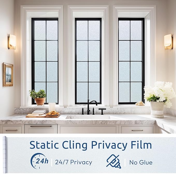 rabbitgoo Frosted Glass Window Privacy Film, No Glue, Anti-Glare Heat Blocking, Easy to Install, Renter Friendly Removable Opaque Bathroom Window Clings for Glass, 17.5 by 118.1 inch