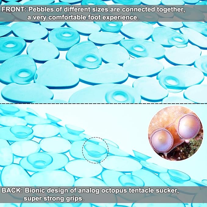 Bath Tub and Shower Mats, Non-Slip Pebble 35 x 16 Inches Machine Washable Bathtub Mat with Drain Holes, Suction Cups for Bathroom (Clear Teal)