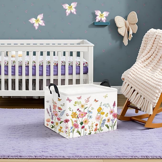 TIBAOLOVER Rectangular Baby Girls Basket Kids Baby Storage Basket Cute Storage Bin Organizer Shelf Book Flower Room Decor(Butterfly Flower)