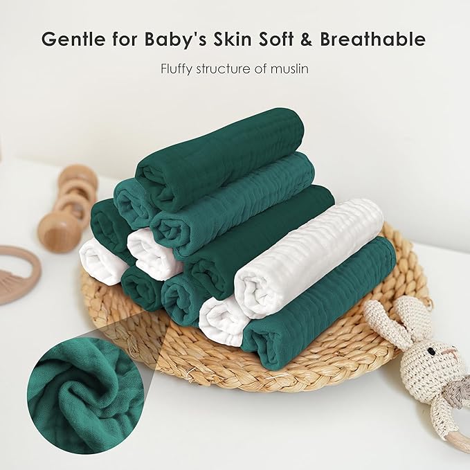 Muslin Burp Cloths for Baby 100% Cotton Burping Cloths for Unisex, Boy, Girl - Large 20'' by 10'' Newborn Essentials Ultra Soft Absorbent Milk Spit Up Rags - 12 Pack - White+Deep Emerald Series