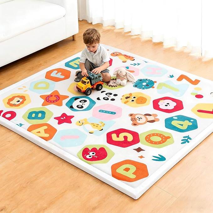 Baby Play Mat for Floor,1.3" Thick Elasti-Foam Playpen Mat for Tummy Time, Easy Care with Non-Slip Cushioned for Infant,Kids and Toddler Crawling