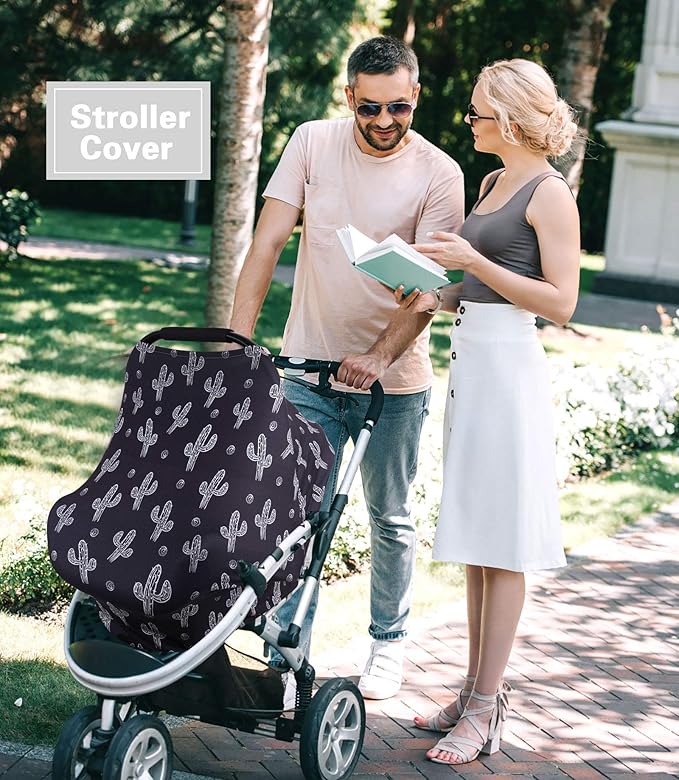 Metplus Baby Car Seat Cover, Infant Carseat Canopy, Nursing Breastfeeding Cover, Stretchy Carrier Covers for Stroller/Shopping Cart, Newborn Registry & Shower Gift for Boys Girls - Black Cactus