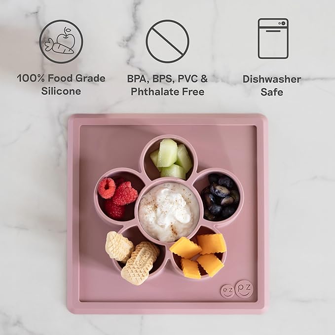 ezpz Mini Play Mat for Baby + Toddler (Cream) - 6 Months+ - Suction Plate with Flower Compartments for Crafts, Painting, Sorting, Snack Time - Promotes Pincer Grip