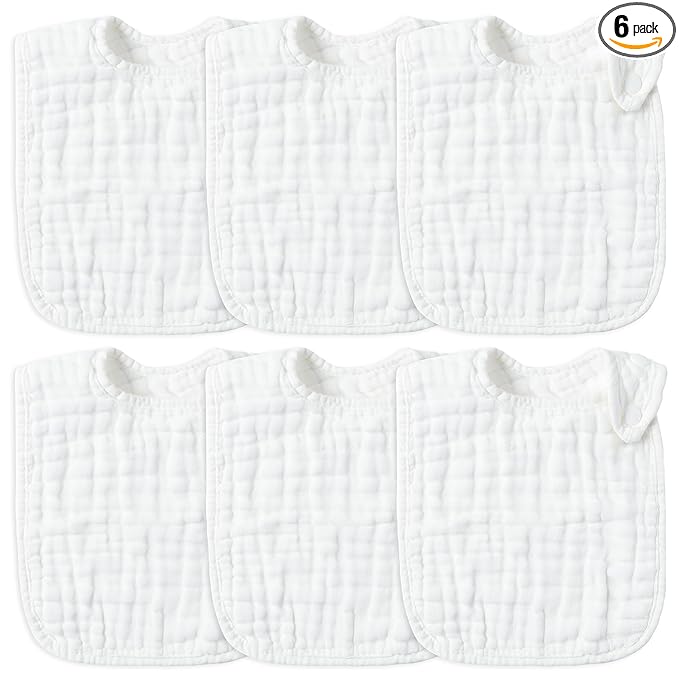 Zainpe 6Pcs Snap Muslin Cotton Baby Bibs White Adjustable Drool Bib with 6 Absorbent Soft Layers, Machine Washable Unisex Burp Cloths for 3 to 36 Months Boys Girls Infant Newborn Toddler