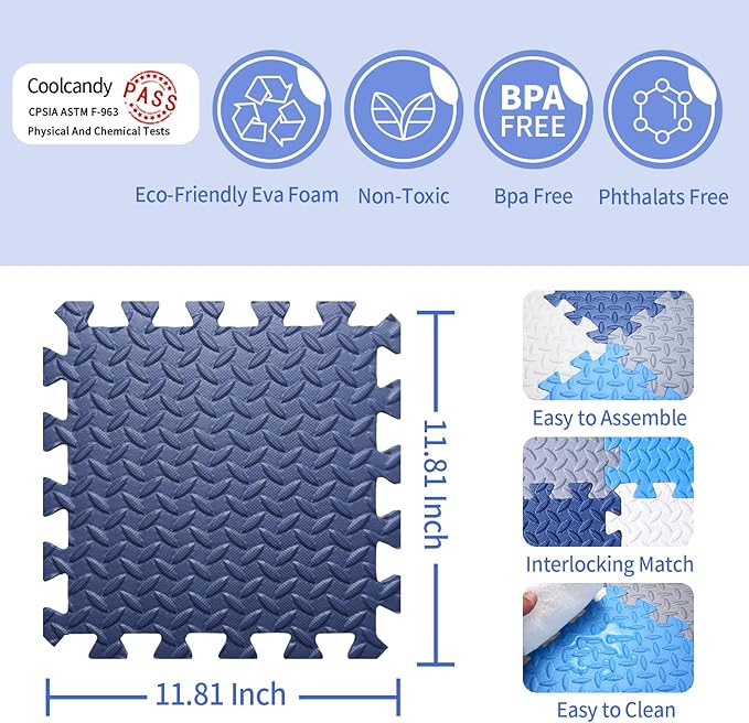Coolcandy Baby Foam Play Mat 16Pcs with Edge Strips, 4 Colors Interlocking Floor Tiles, 0.4″ Thickened Non-Slip Puzzle Floor Mat for Infants Toddlers Playroom & Daycare