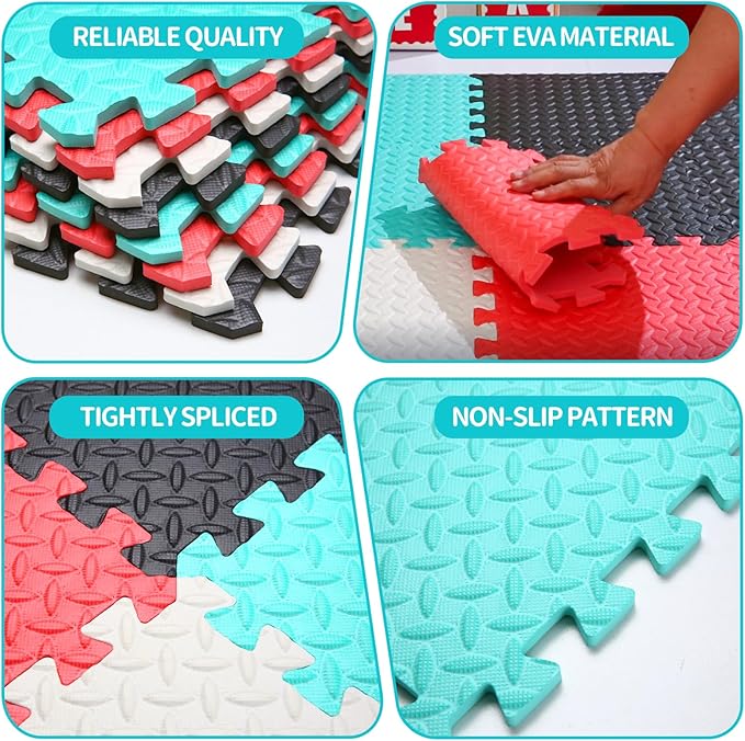 Coolcandy Baby Foam Play Mat 16Pcs with Edge Strips, 4 Colors Interlocking Floor Tiles, 0.4″ Thickened Non-Slip Puzzle Floor Mat for Infants Toddlers Playroom & Daycare