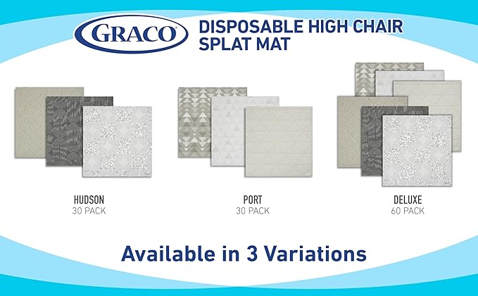 Graco Baby Disposable Splat Mats – 60 Count (6 Designs, 10 of Each), 47" x 40", Biodegradable Floor Protector for Mealtime, Under High Chair, Home & Restaurant Use