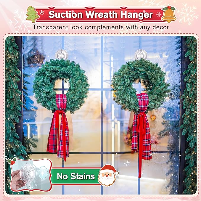 VIS'V Wreath Hanger, Large Suction Cup Wreath Hooks with Wipes, Heavy Duty, 22 LB Capacity, Removable and Reusable, Clear, 4 Pcs