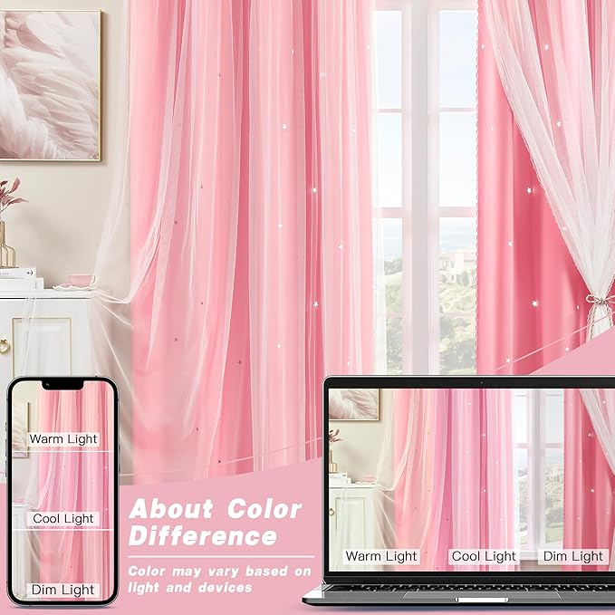 XiDi Pink Curtains 96 Inches Long for Girls Bedroom Living Room Privacy Room Darkening Double Layer Curtains with Sheer Overlay for Kids Toddler Princess Nursery Room Grommet Window Drapes W34 X L96