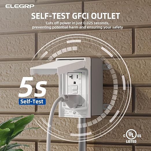 ELEGRP Outdoor GFCI Outlet Kit, with Weatherproof Cover and Box, 1 Gang, 20 Amp TRWR Self-Test GFI Receptacle, Vertical Outdoor Cover, Extra Duty Metallic Electrical Outlet Box, UL Listed, 1 Pack
