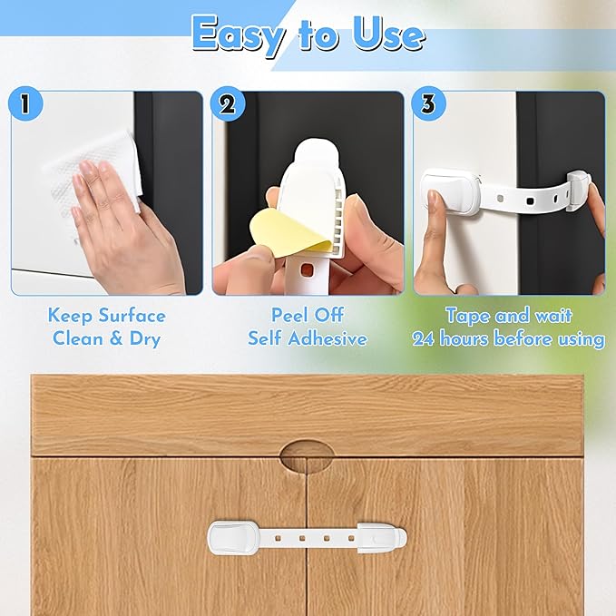 Cabinet Locks Baby Proofing - 2Pcs Adjustable Childproof Drawer Latches Child Safety Cabinet Lock Straps with 3M Adhesives No Drill Multi-Purpose Safety Straps for Furniture Kitchen Ovens Toilet Seats