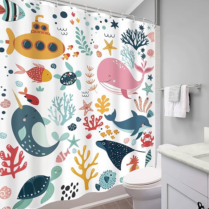 Kids Shower Curtain Ocean Summer Cute Cartoon Whale Funny Kid Bathroom Decor for Nursery Boys Girls Underwater Coastal Submarine Fish Animal 60Wx72H Bath Curtain Fabric Polyester 12 Pack Hooks