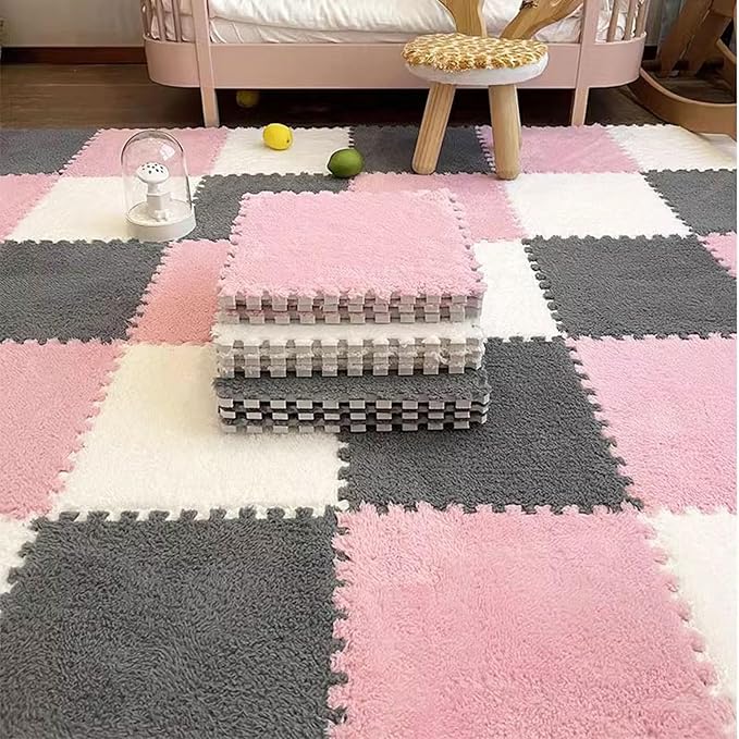 12pcs Plush Puzzle Foam Floor Mat, Cute Soft Fluffy Interlocking Square Foam Tiles Area Rugs Carpet for Parlor Bedroom Decor(11.8x11.8x0.4in, Grey&White&Pink)