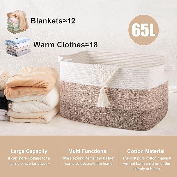 SIXDOVE 65L Large Storage Basket, Cotton Rope Woven Blanket Basket, Toy Storage for Baby Room, Living Room, Gradient Yellow