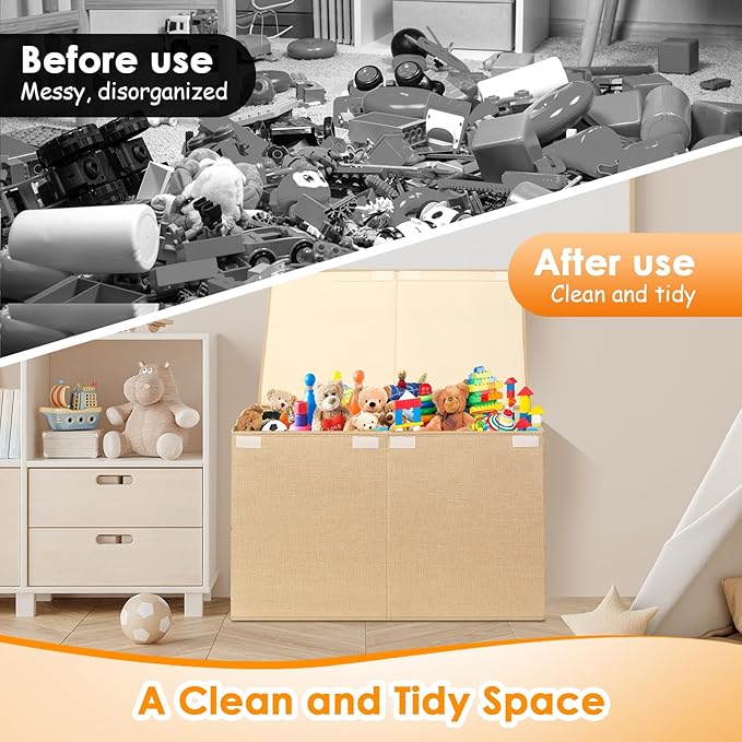 Fineonly Large Toy Storage Box with Lid Upgraded Toy Chest Organizer with Removable PP Divider Foldable Toy Bin for Kids Boys Girls Linen Fabric Toy Box for Playroom Nursery Bedroom (25"x13"x16")