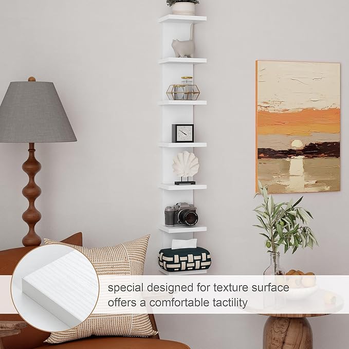 Fun Memories 7 Tier Wall Shelf Unit, White Floating Shelves for Storage - Vertical Column Tower Design, Lack Wall Shelf Space Saving Organizer for Bedroom, Living Room, Home Decor