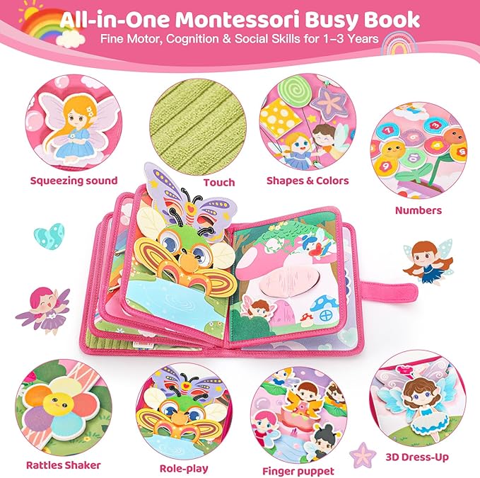 22 in 1 Busy Book for Toddlers 1-3-Sprite Montessori Toy Busy Board for 1 Year Old with Fishing Game, Educational Sensory Quiet Toy, Airplane Car Travel Essential Valentines Birthday Easter Gift Girl