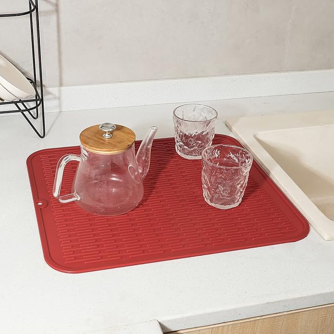 MicoYang Silicone Dish Drying Mat for Multiple Usage,Easy clean,Eco-friendly,Heat-resistant Silicone Mat for Kitchen Counter or Sink,Refrigerator or Drawer Liner Red XL 18 inches x 16 inches