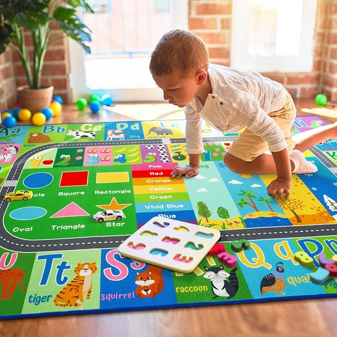 HOMORE Kids Educational Rug, Kids Collection Area Rug for Learning Alphabet, Numbers, Colors, Season and Animal Words, Playmat for Classroom Playroom, 4x6 Feet Green