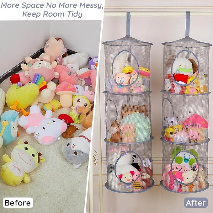 Basumee Stuffed Animals Net or Hammock 2 Pcs Stuffed Animals Storage Toy Net Hammock for Plushies Storage Organizer Mesh Kids Girls Room Decor, Gray, 3 Tiers