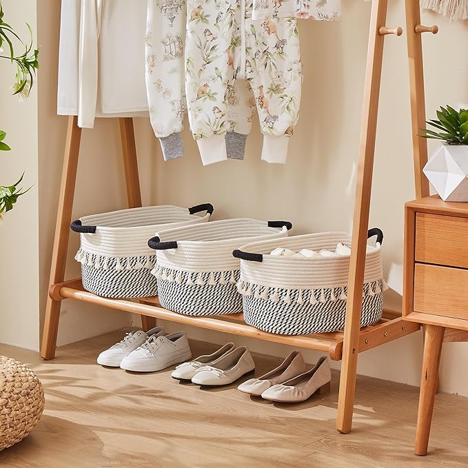 BUBUSUN Storage Bins Woven Baskets for Storage Set of 3, Cotton Rope Basket with Handles for Toys/Shelves/Laundry, Rectangle Multi-Purpose Organizer for Living Room, Bedroom, Nursery (White/Black)