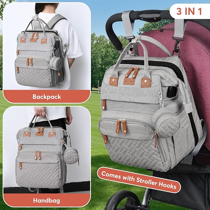 JKJRJJ Diaper Bag Backpack with Changing Station, Large Diaper Bag For Boys And Girls, Multifunctional Waterproof Travel Diaper Backpack, Baby Bag with USB Charging Port for Moms Dads, grey