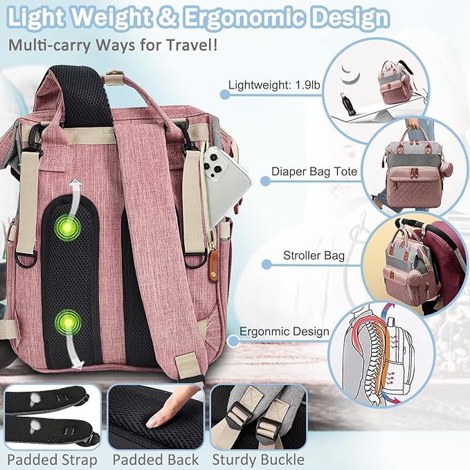 SHITIESHOU Diaper Bag Backpack Baby Bag, Baby Girl Boy Diaper Bag for Dad Mom with Pad, 16 Pockets, Pacifier Case, Large Diaper Bags Unisex for Travel(Pink Grey)