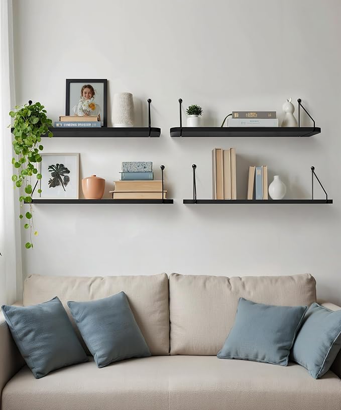 Afuly 24in Floating Shelves for Wall, Black Wooden Shelves with Triangular Brackets for Bathroom, Living Room, Bedroom, Kitchen, Home Wall Decor, Set of 2