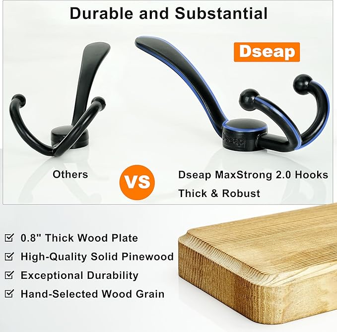 Dseap Coat Rack Wall Mounted - 5 Tri Hooks, Heavy Duty, Wooden Wall Coat Hanger Coat Hook for Clothes Hat Jacket Clothing, Black