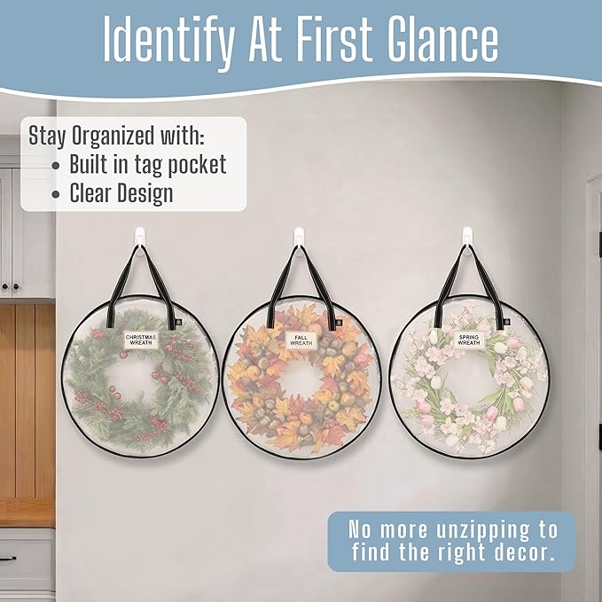 VENO 24 Inch Wreath Storage Container, 4 Pack Clear Round Christmas Wreath Storage Bag, Heavy Duty Clear Holder with Wall Hanging Handles