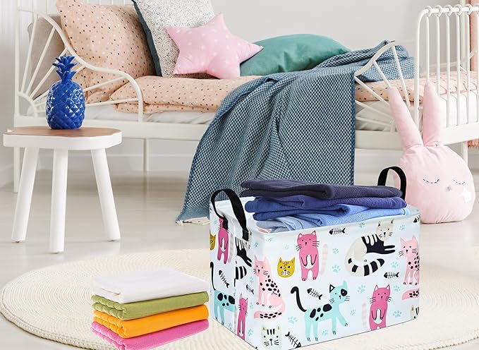 DUYIY Rectangle Gift Storage Basket Home Shelf Storage Basket Organizer Box Clothes Laundry Hamper Nursery Basket Laundry Basket with Handles (Cat)