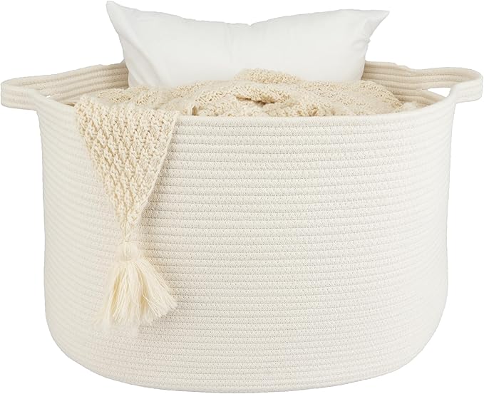 XUANGUO Large Cotton Rope Basket Blankets Basket Living Room 22"x14" Toy Basket for Kids and Dogs Rope Storage Basket for Nursery Woven Laundry Basket for Clothes Towels Baby Toy Storage round white