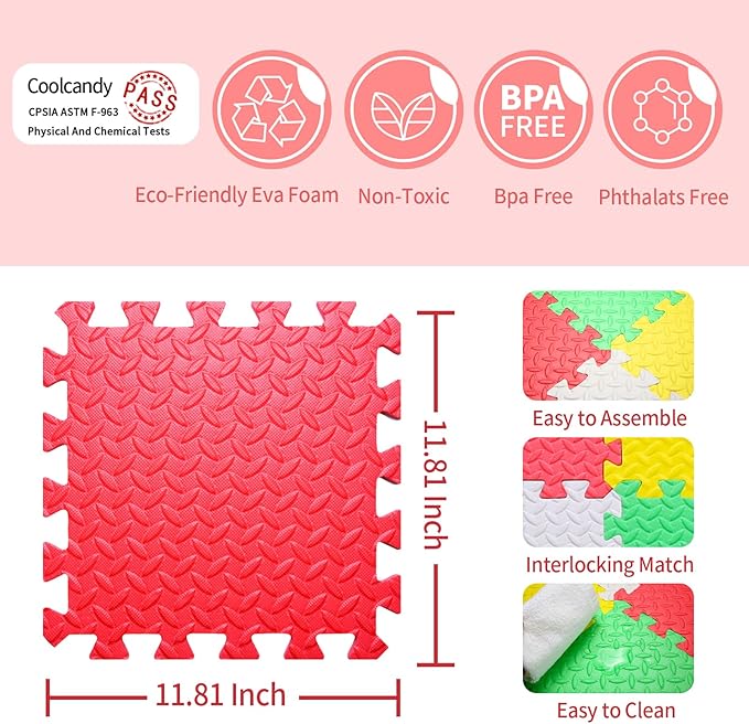 Coolcandy Baby Foam Play Mat 16Pcs with Edge Strips, 4 Colors Interlocking Floor Tiles, 0.4″ Thickened Non-Slip Puzzle Floor Mat for Infants Toddlers Playroom & Daycare