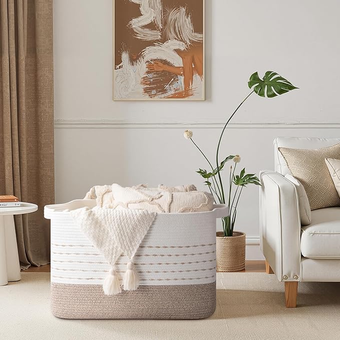 OIAHOMY 108L Extra Large Blanket Basket, 25”x16”x16” Rectangle Woven Cotton Rope Baskets for for Living Room, Toy Storage with Handle- Gradient Light Brown