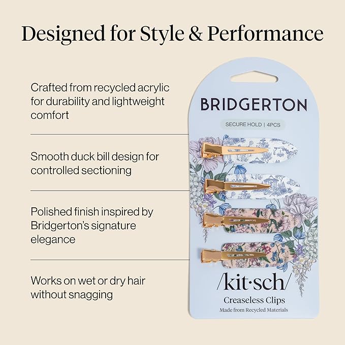 Bridgerton x Kitsch Creaseless Hair Clips for Women - No Crease, No Bend Hair Clips for Styling, Bangs, Makeup Application, Face Wash | Recycled Acrylic - Toile in Bloom | Ideal Gifts for Women, 4pcs