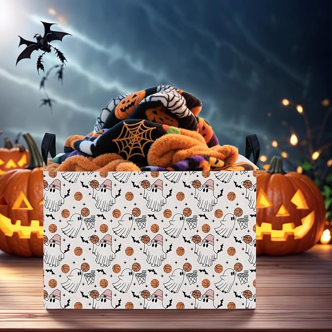 ASKETAM Large Halloween Basket Gift Cute Ghost Parties Decor Kid Trick or Treat Basket for Boys and Girls Rectangular Storage Bin Box (Ghost Basketball)