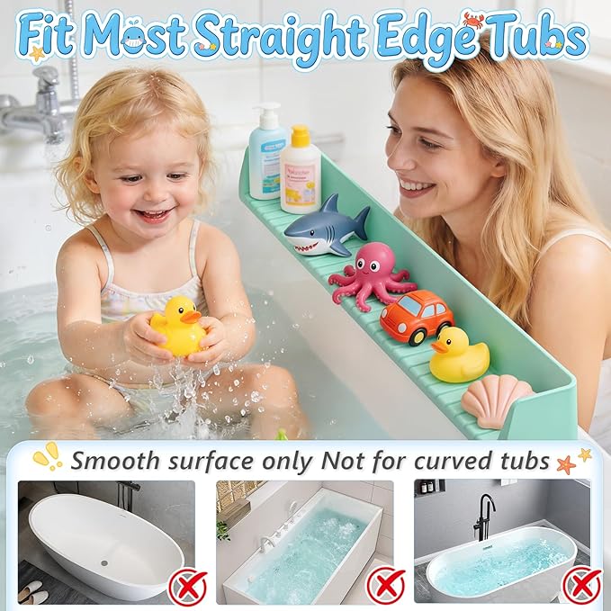 Splash Guard for Bathtub, Silicone Bathtub Splash Guard with Suction Cups, Bath Toys Holder Shelf, Bath Tub Side Tray for Bathroom Storage and Water Spill Prevention, Green