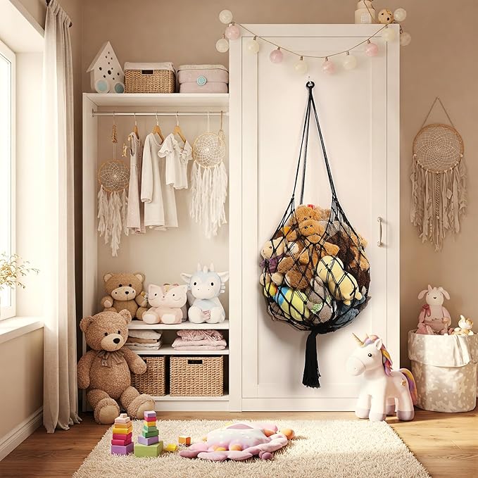 Stuffed Animal Storage Hammock Corner Hanging Net Stuffy Animal Hammock Macrame Toy Display Plush Toy Holder for Kid Bedroom Decor Boho Nursery Playroom Organizer (Black)