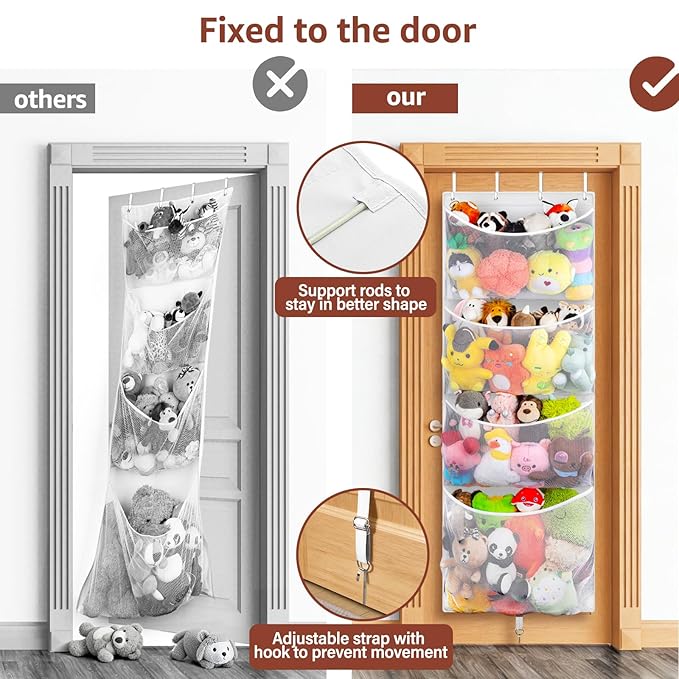 Woodoulogy Hanging Stuffed Animal Storage, Over Door Large Plush Toy Organizer with Metal Hook, Baby Accessory Holder Idea for Nursery, Doll & Bear Mesh Hammock Bag for Girl Boy Kid Room