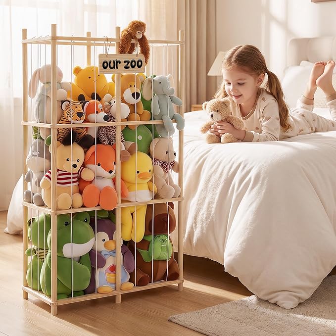 LAMU Stuffed Animal Storage, Wooden Zoo Stuffed Animal Holder with Elastic Cords, Space Save Plush Toy Cage, Double Capacity Extra Large Stuffed Animal Organizer for Playroom, Bedroom, Nursery, 31" W