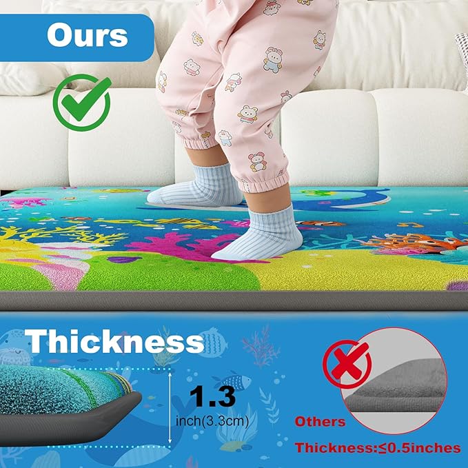 1.3" Thick Baby Play Mat for Floor, Elasti-Foam 71x59 Playpen Mat, Water Repellent Ultra Soft Coral Velvet Tummy Time Crawling Mats for Kid Toddlers Infants, Non-Slip Backing Safe for Crawling Ocean